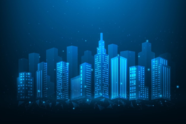 Tecnologia de cidade inteligente digital no conceito de construção de redes sociais globais de fundo azul