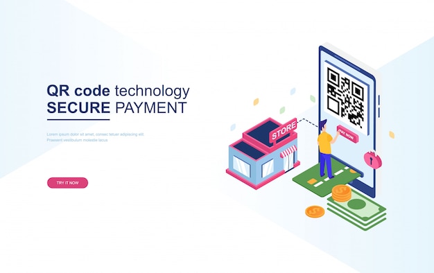 Tecnologia de código QR, pagamento seguro isométrico