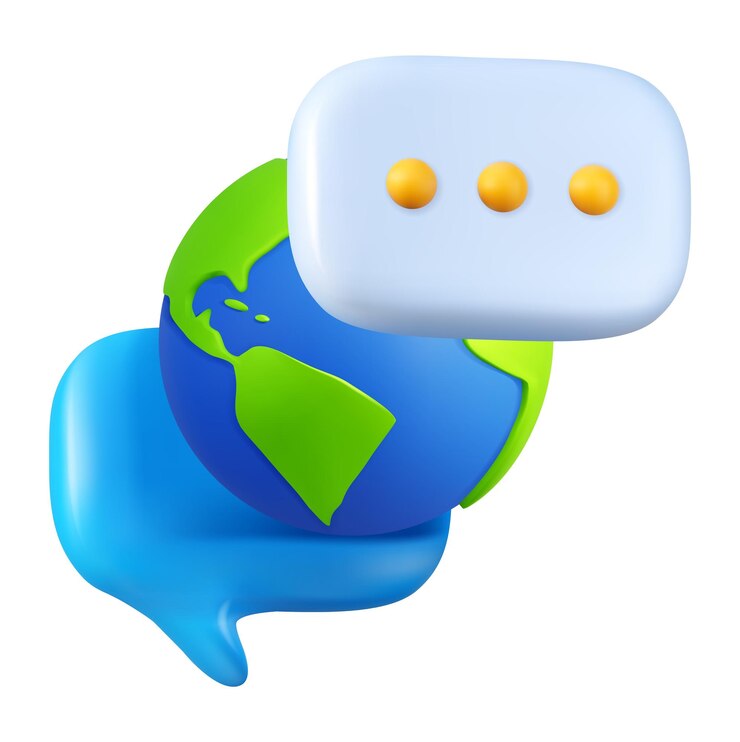 Vetor tecnologia de comunicação conexão global 3d planeta terra bolhas de fala diálogo internacional conversa on-line enviar e-mails fórum mundial render globo vector contatos em todo o mundo