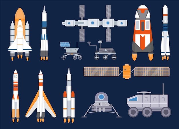 Tecnologia de espaçonaves. satélites, foguetes, estação espacial, navios, ônibus espaciais, lunares e rovers de marte. conjunto de vetores de equipamentos de exploração do universo. foguete de ilustração e nave moonwalker