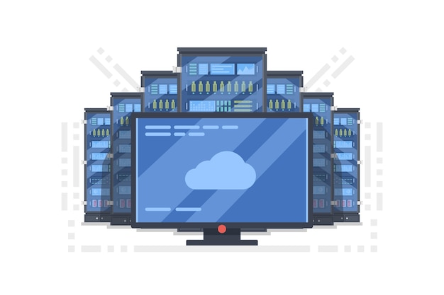 Vetor tecnologia de nuvem, tela com o símbolo de nuvem no fundo do servidor