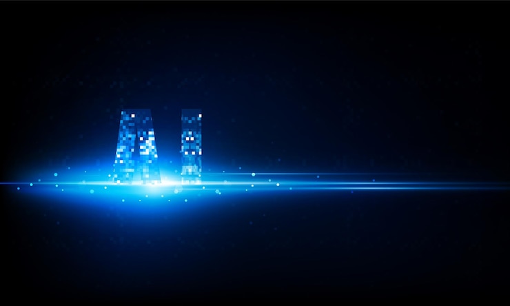 Vetor tecnologia de pixel abstrata ai scifi máquina de conceito de inteligência artificial aprendizagem profunda digital futurista para o futuro em azul escuro design de vetor de fundo de inovação de conceito de comunicação hitech