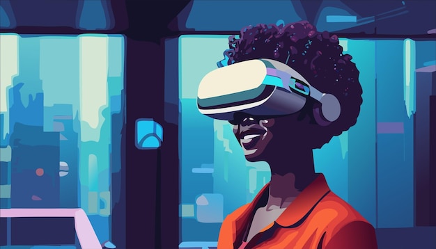 Vetor tecnologia de realidade virtual digital metaverso de uma mulher com óculos e um fone de ouvido vr conectado a