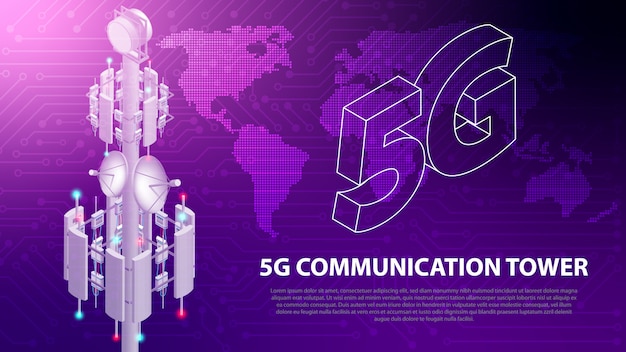 Vetor tecnologia de rede móvel base 5g comunicação antena torre fundo