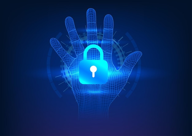 Tecnologia de segurança O bloqueio está no meio da mão Por trás dele é um círculo de tecnologia significa