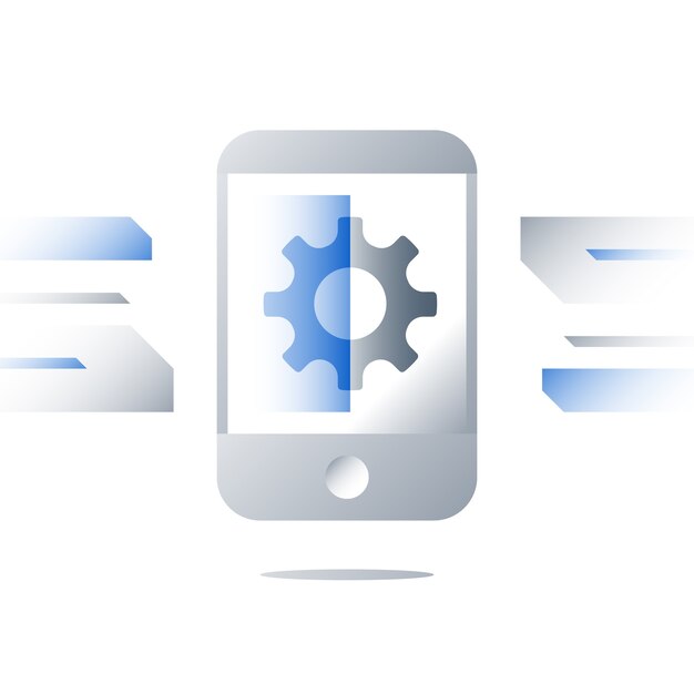 Tecnologia de smartphone, desenvolvimento de aplicativo, instalação de atualização, software do dispositivo, inovação do sistema operacional móvel, serviços de reparo, roda dentada em exibição, programa de digitalização, ícone