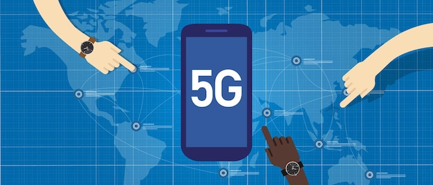 Vetor tecnologia de telefonia 5g conectar em todo o mundo conceito de rede inteligente e de quinta geração internet rápida