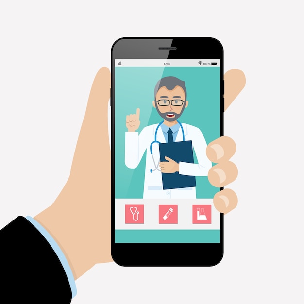 Vetor tecnologia em linha da consulta do doutor no vetor do smartphone.