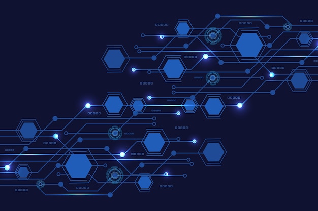 Vetor tecnologia futurista abstrata com linhas de pontos e hexágonos de conexão