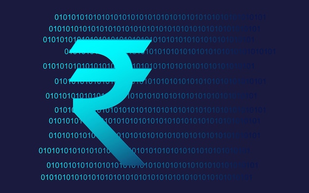 Tecnologia futurista do token digital da moeda da rupia indiana com um e zero dígito de código binário.