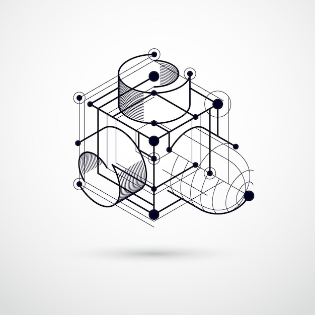 Tecnologia geométrica vector desenho preto e branco, papel de parede técnico 3d. ilustração do sistema de engenharia, pano de fundo tecnológico abstrato. fundo técnico abstrato.