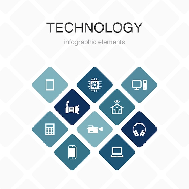 Tecnologia infográfico 10 opção de design de cor. casa inteligente, câmera fotográfica, computador tablet, ícones simples de smartphone