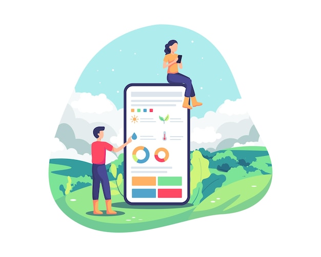 Tecnologia inovadora para agricultura. Automação agrícola com controle remoto, Aplicativo no smartphone. Análise inteligente de plantação, conceito de cultivo sofisticado. Estilo simples de ilustração vetorial