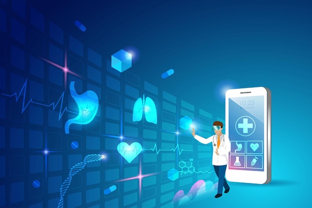 Tecnologia metaverse em medicina e saúde o médico experimenta a realidade virtual 3d no smartphone aprendendo analisando e diagnosticando a interface do ambiente de problemas de saúde de órgãos humanos