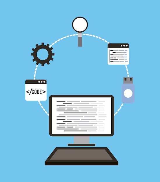 Vetor tecnologia programação de computador usb magnifier language web