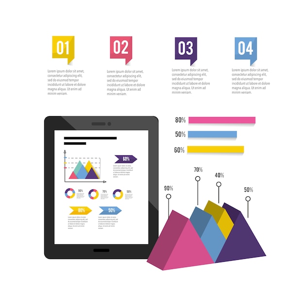 Tecnologia tablet com diagrama de negócios infográficos