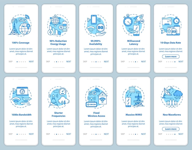 Tecnologias 5g integrando a tela da página do aplicativo móvel com conceitos lineares. acesso sem fio fixo. freqüências mais curtas. passo a passo instruções gráficas de etapas. ux, ui, modelo de vetor gui, ilustrações