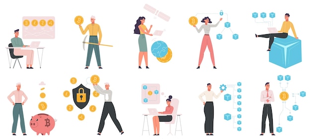 Tecnologias de dados de bitcoin e blockchain de criptomoedas Conjunto de ilustração vetorial de mineração de dinheiro digital moderno Conjunto de ilustração vetorial de pessoas de negócios mineração de moedas criptográficas