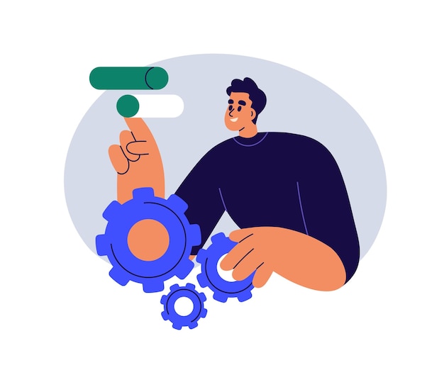 Tecnologias de negócios conceito de trabalho Configuração de configurações rodas dentadas ajuste de deslizadores Pessoa mudando desenvolvendo modificando reparando sistema Ilustração vetorial plana isolada em fundo branco