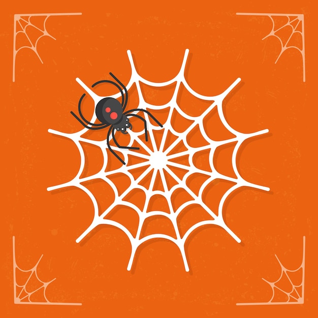 Teia de aranha assustadora com ilustração de halloween de vetor de aranha isolada em fundo laranja