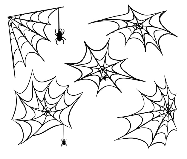 Teia de aranha com clipart de aranhas ilustração desenhada à mão em preto e branco no estilo doodle.