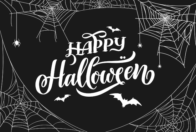 Teia de aranha de Halloween com bandeira de férias de aranhas Vetor fundo monocromático festivo com morcegos e teias de aranha adiciona um toque assustador à decoração de férias criando uma atmosfera assustadora e divertida para celebrações