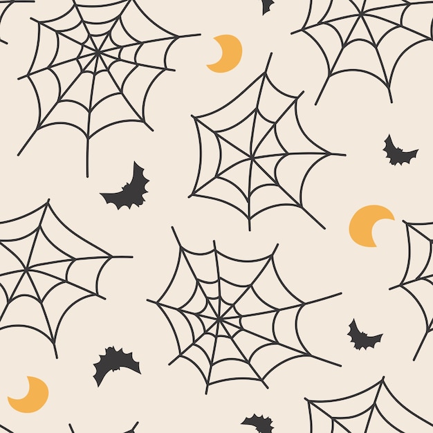 Vetor teia de aranha desenhada à mão e padrão sem costura de morcego bonito fundo de halloween ótimo para banners papéis de parede imagem vetorial de embalagem