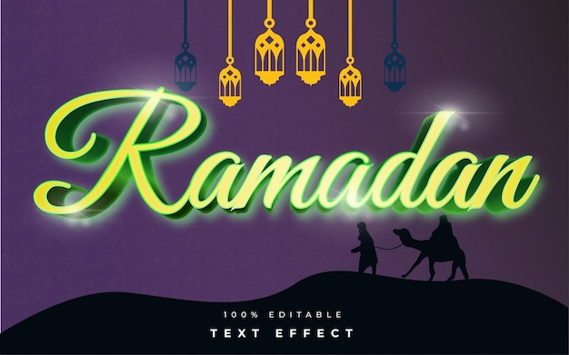 Vetor teks efeito ramadã com camelo de fundo e lâmpada do ramadã