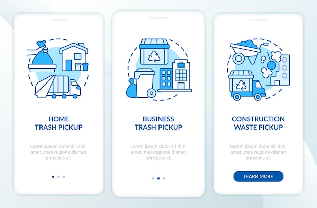 Tela azul da página de integração do aplicativo móvel de coleta e coleta de lixo. instruções gráficas de gerenciamento de lixo em 3 etapas com conceitos. modelo de vetor ui, ux e gui com ilustrações coloridas lineares
