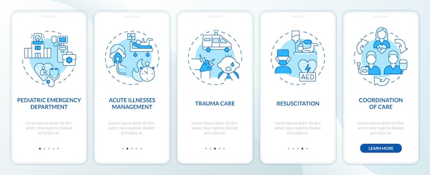 Tela azul do aplicativo móvel de emergência pediátrica passo a passo do hospital infantil 5 etapas instruções gráficas editáveis com conceitos lineares modelo ui ux gui myriad probold fontes regulares usadas