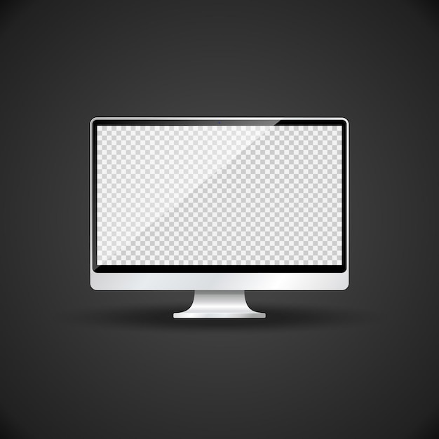 Tela brilhante em branco de vetor com monitor de papel de parede transparente com webcam, ilustração de computador monobloco moderno de metal prateado realista com design de modelo de sombra isolado em fundo escuro