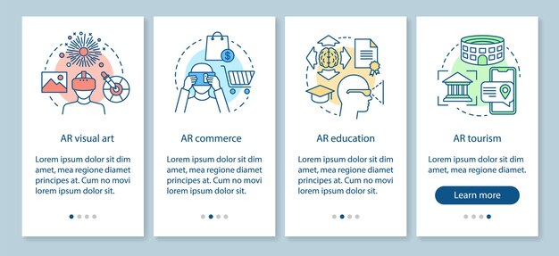 Tela da página do aplicativo móvel de integração de realidade aumentada com conceitos. ar arte visual, comércio, educação, turismo passo a passo instruções gráficas. ux, ui, modelo de vetor gui com ícones