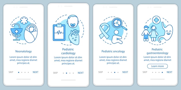 Tela da página do aplicativo móvel de integração de serviços pediátricos com conceitos. neonatologia, oncologia, gastroenterologia, instruções gráficas de etapas do passo a passo de cardiologia. ux, ui, modelo de vetor gui com ícones