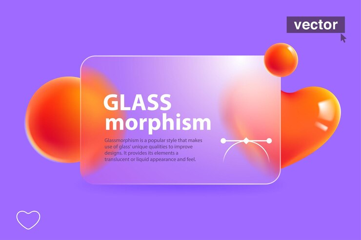 Tela de cartão romântico em estilo glassmorphism Tela fosca fosca com corações e esferas vermelhas desfocadas