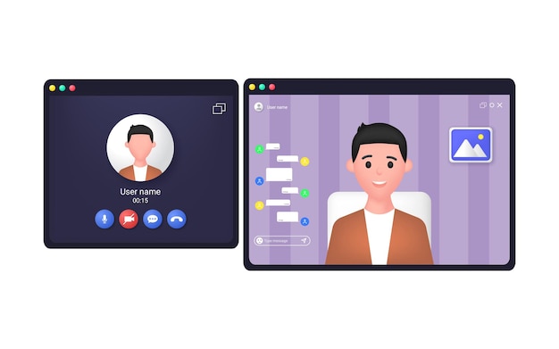 Vetor tela de chamada de vídeo com avatar do usuário e interface aprimorada de bate-papo por vídeo.