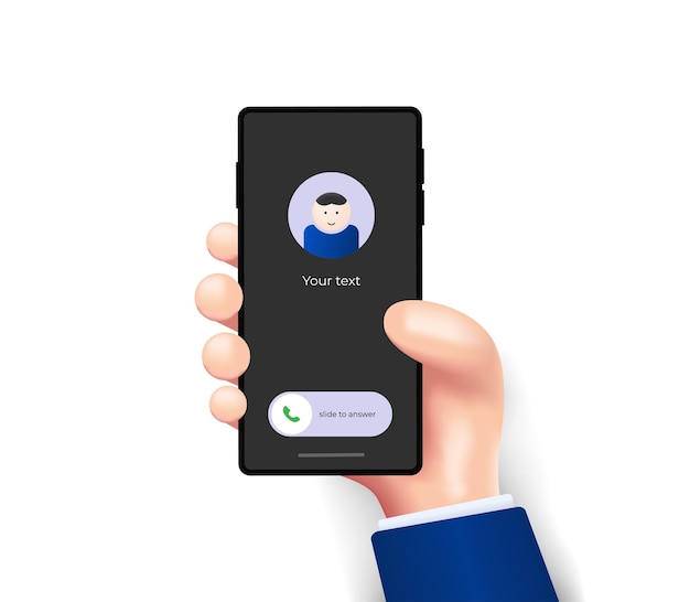 Tela de chamada no telefone 3d telefone realista na mão no estilo cartoon em fundo branco ilustração vetorial