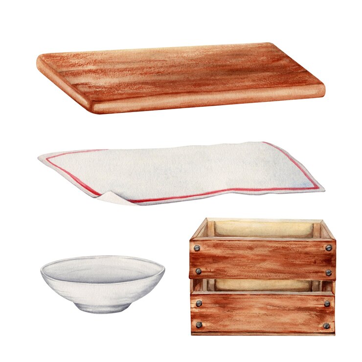 Vetor tela de corte, pano de mesa, caixa de madeira e uma tigela de cerâmica, recipientes de alimentos vazios, elementos de aquarela