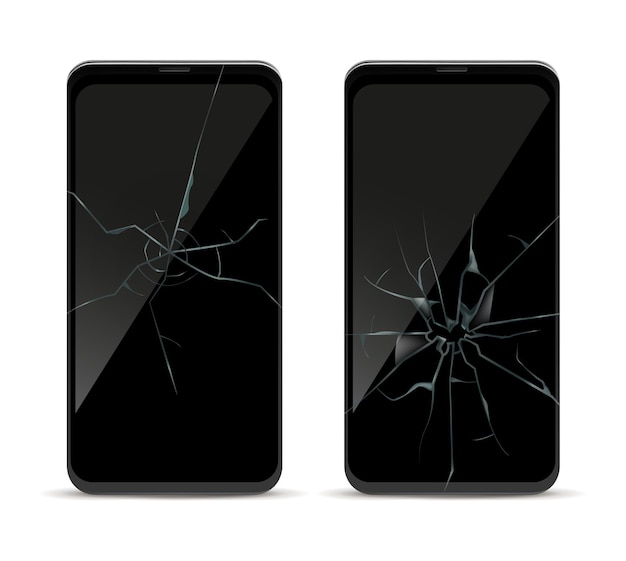 Tela de crack do smartphone. Modelo de visão frontal do celular danificado, visor de vidro quebrado, recuperação realista de efeito de rachadura, conjunto de maquete isolado de vetor 3d de tela de toque de serviço de reparo de dispositivo quebrado
