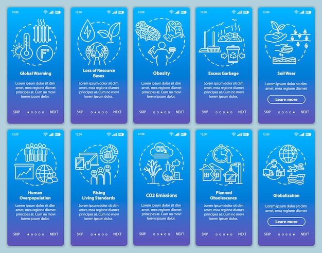 Tela de página de aplicativo móvel de integração de consumo excessivo com conceitos. dano ambiental. consumerism walkthrough 5 etapas de instruções gráficas. modelo de vetor de interface do usuário com ilustrações coloridas rgb