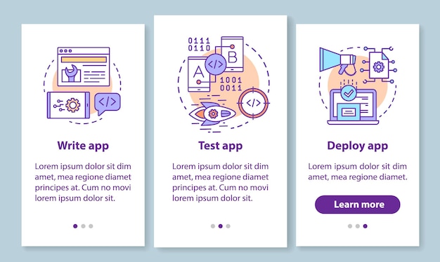 Tela de página de aplicativo móvel de integração de desenvolvimento de aplicativos com conceitos lineares. escrever, testar e implantar instruções gráficas de passo a passo de 3 etapas do programa. ux, ui, modelo de vetor gui com ilustrações