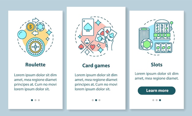 Tela de página de aplicativo móvel de integração de jogos de cassino com conceitos lineares. roleta, jogos de cartas, slots passo a passo instruções gráficas. jogos de azar. ux, ui, modelo de vetor gui com ilustrações