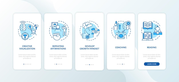 Tela de página do aplicativo móvel de integração de coaching de estilo de vida com conceitos. mentalidade positiva. melhore o crescimento pessoal através de instruções gráficas de 5 etapas. modelo de vetor de interface do usuário com ilustrações coloridas rgb