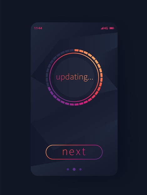 Tela de progresso atualizando o design da interface do aplicativo móvel