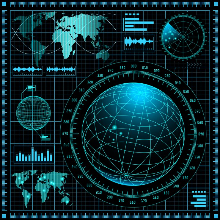 Vetor tela de radar com mapa do mundo