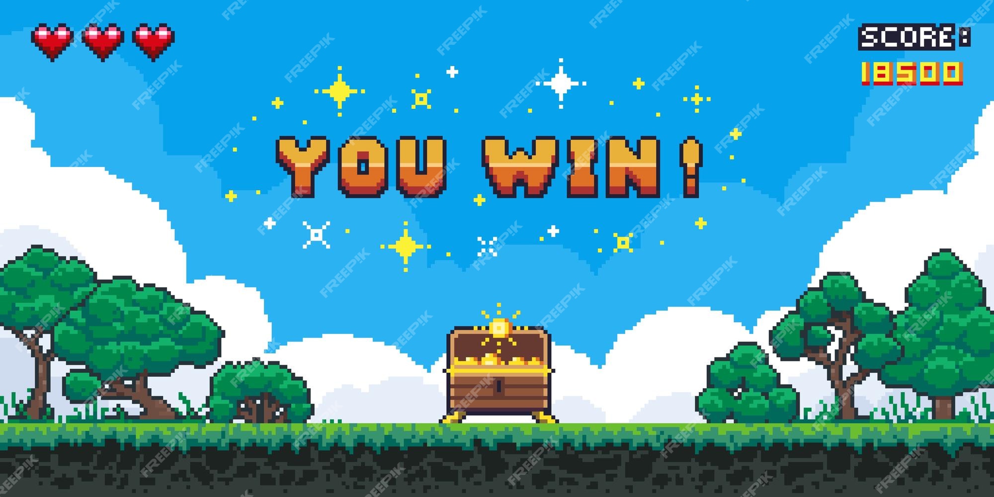 Tela de vitória de jogo de pixel interface de videogame retrô de 8 bits com  fundo de nível de jogo de computador de texto you win ilustração vetorial de  pixel art