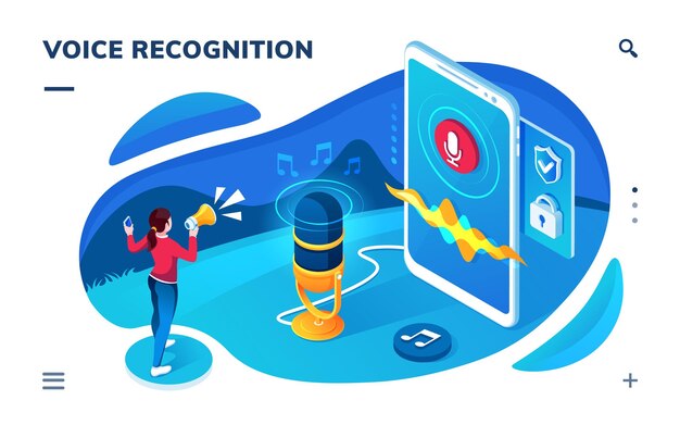 Tela do aplicativo de reconhecimento de voz do smartphone. página isométrica para gravação de som, tradução, mensagem de áudio. tecnologia de reconhecimento de voz de ia. microfone, microfone para conversa com assistente cibernético