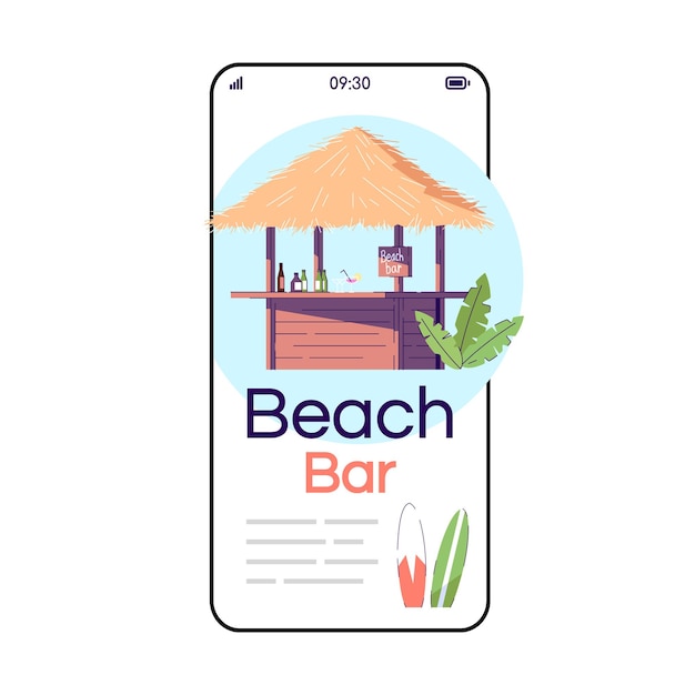 Tela do app do vetor do smartphone dos desenhos animados do bar da praia. resort de bali. café ao ar livre. turismo na indonésia. visor do telefone móvel com maquete de design de personagem plana. interface de telefone bonito do aplicativo