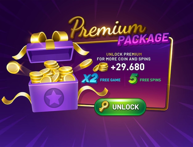 Vetor tela do jogo pacote premium com botão de desbloqueio caixa de presente aberta