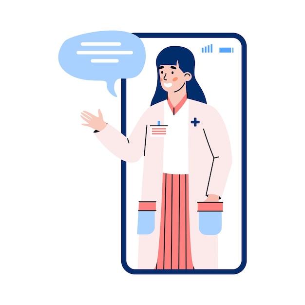 Tela do telefone com ilustração em vetor plana mulher médica ou farmacêutica isolada