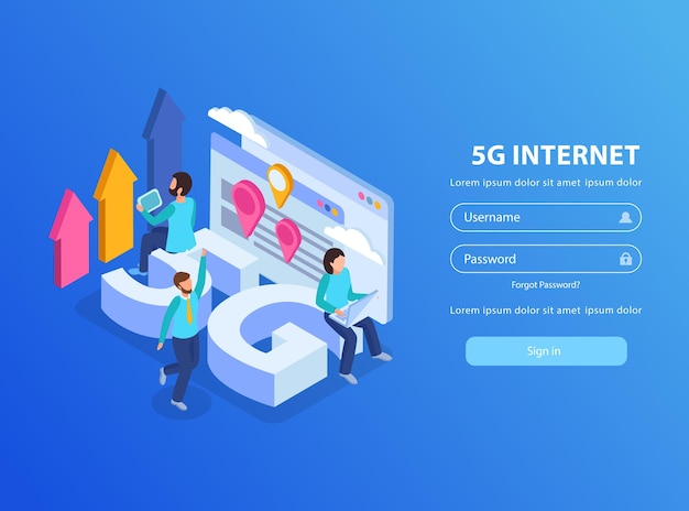 Tela isométrica de 5g de login da internet
